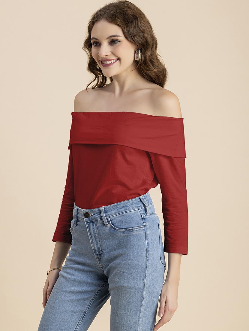 women solid off shoulder long sleeves top - 20726565 - Standard Image - 2