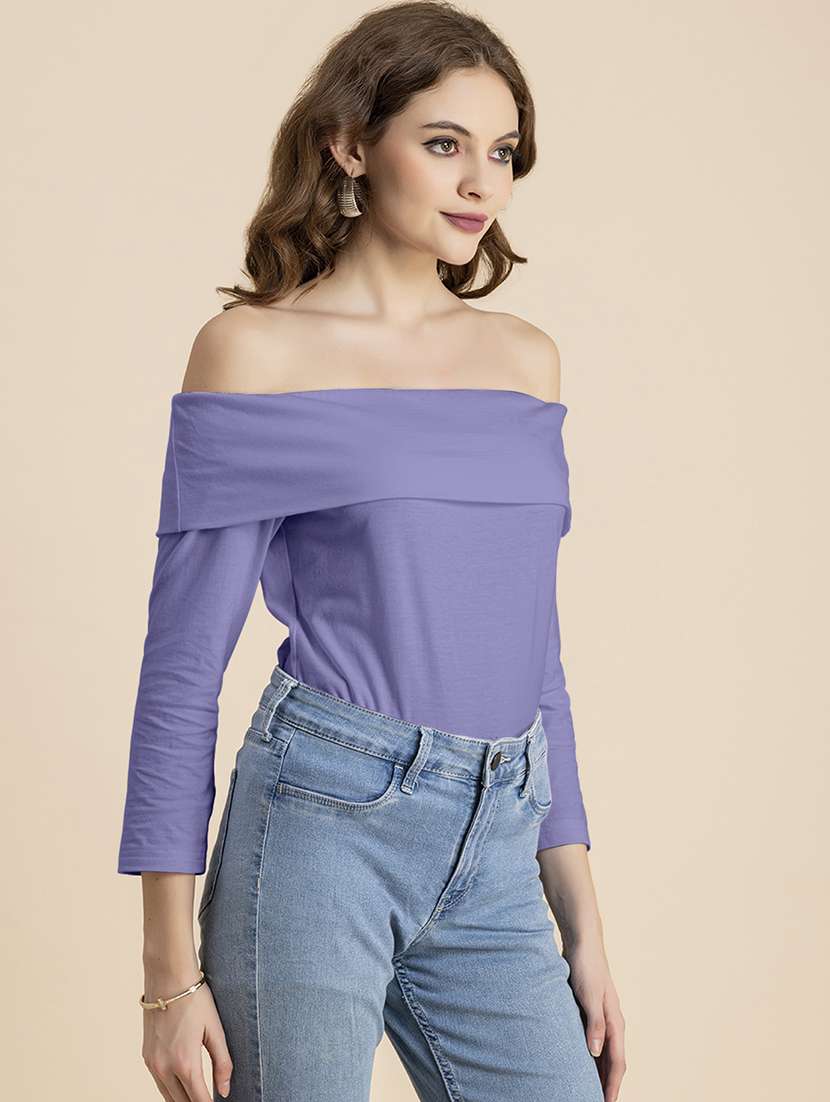 women solid off shoulder long sleeves top - 20726567 -  Standard Image - 2