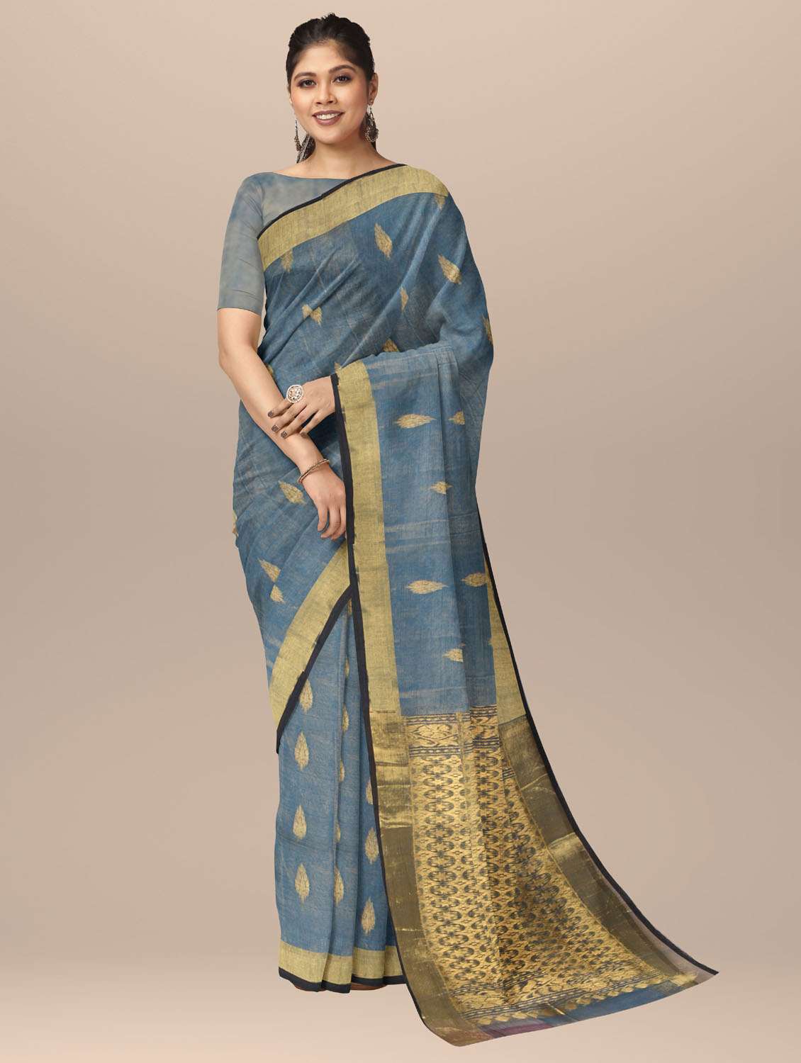 women grey self design handloom saree with blouse