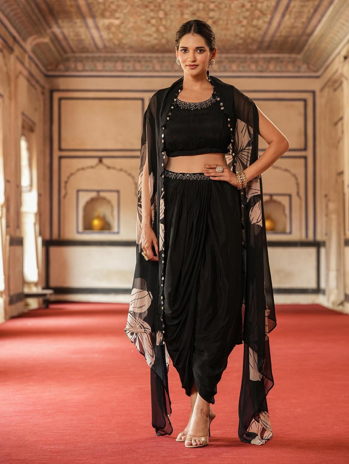 black embroidered neck ethnic fusion set - 20727257 - Zoom Image - 0