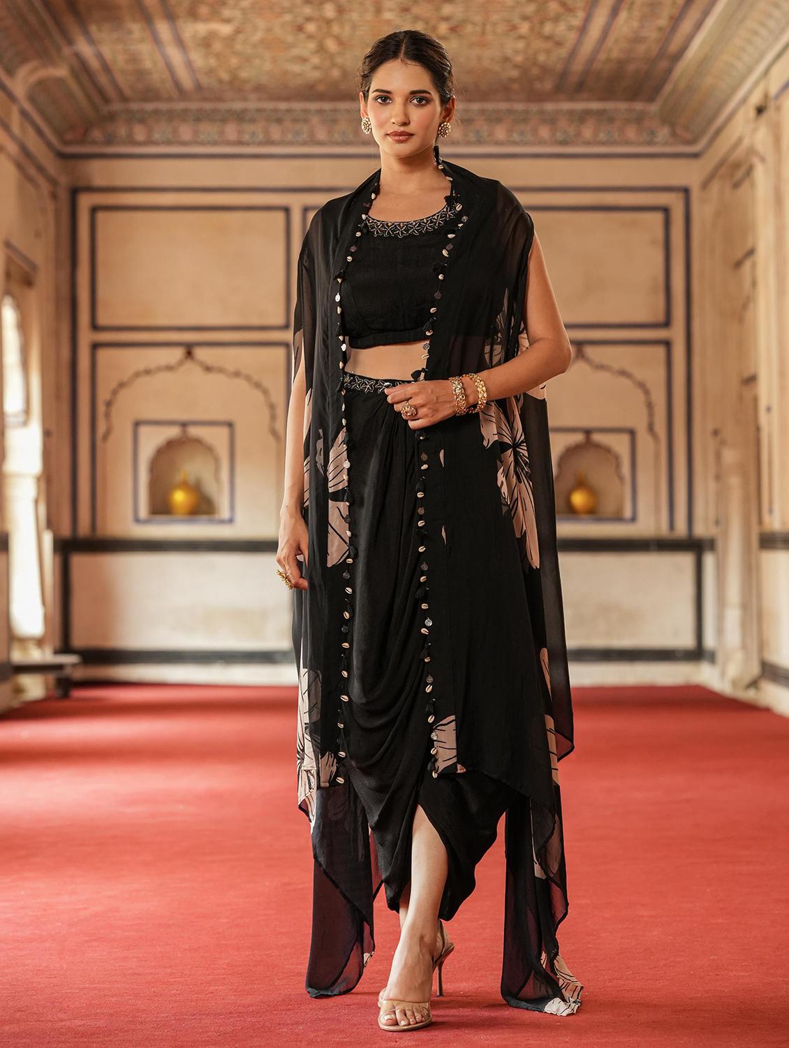 black embroidered neck ethnic fusion set - 20727257 - Standard Image - 2