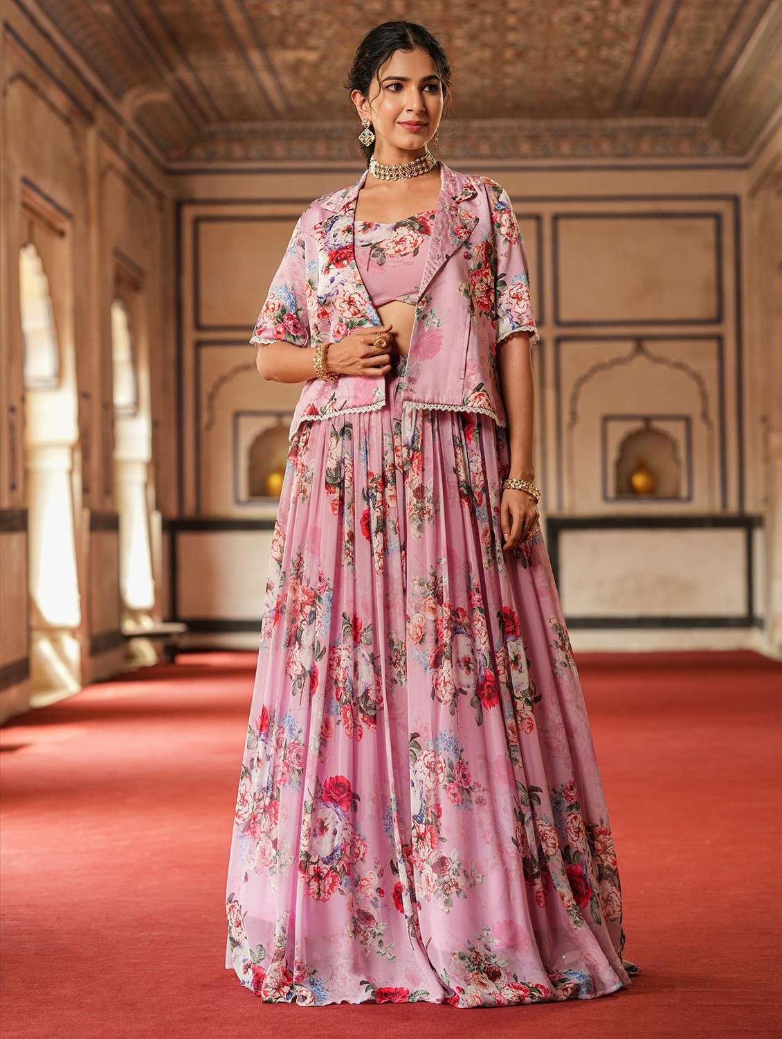 lavender georgette lehnga with jacket lehenga