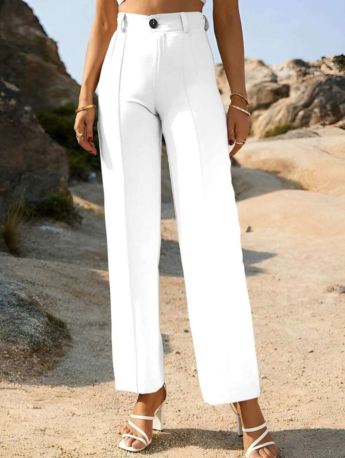 women solid high rise pleated trouser