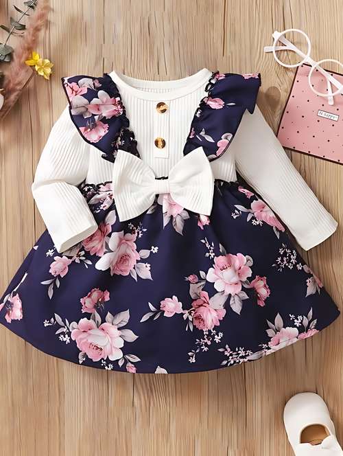 kids navy blue floral printed detailed frock