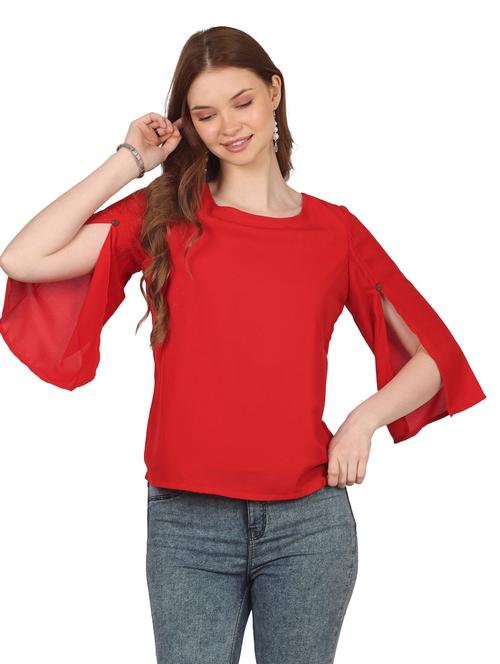 women solid round neck slit sleeves top - 20727797 - Standard Image - 0