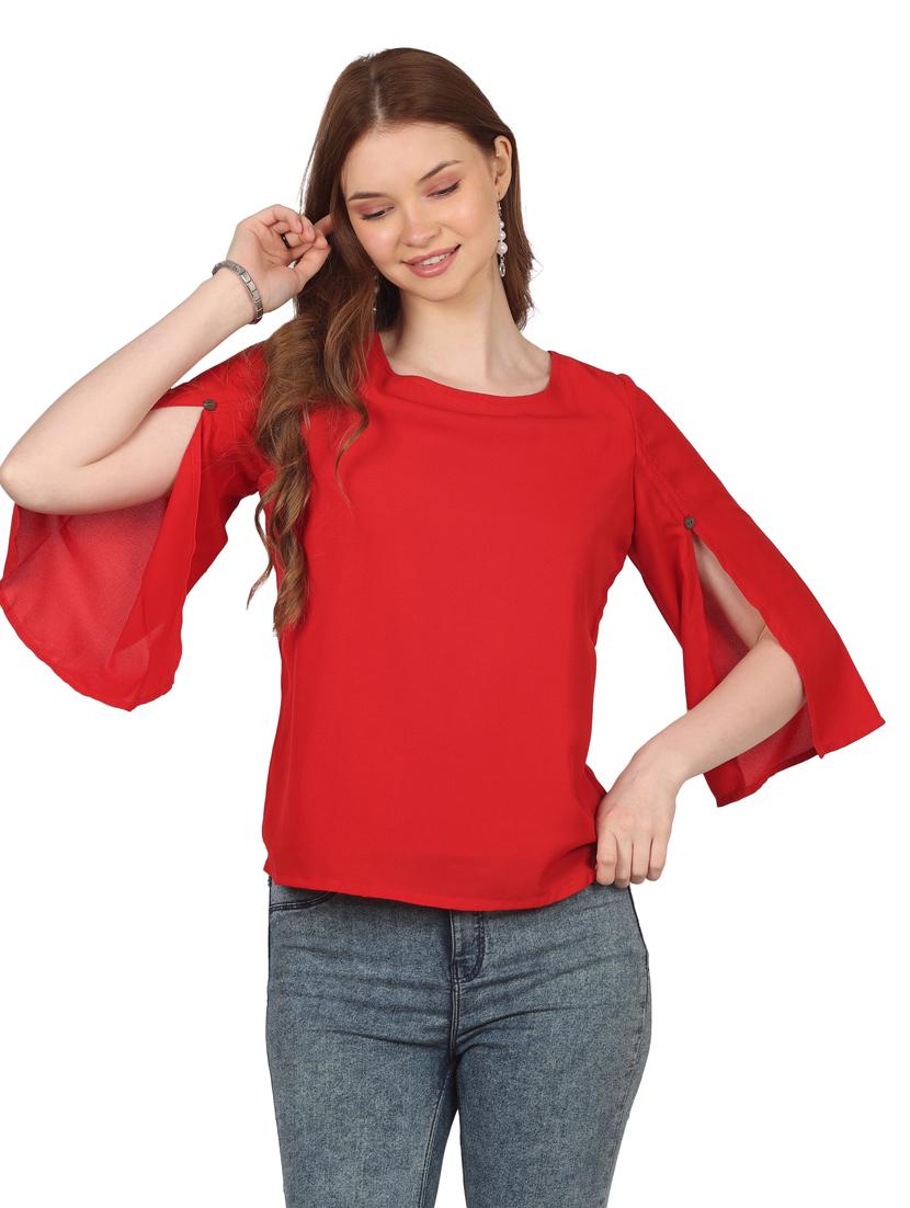 women solid round neck slit sleeves top - 20727797 - Zoom Image - 0