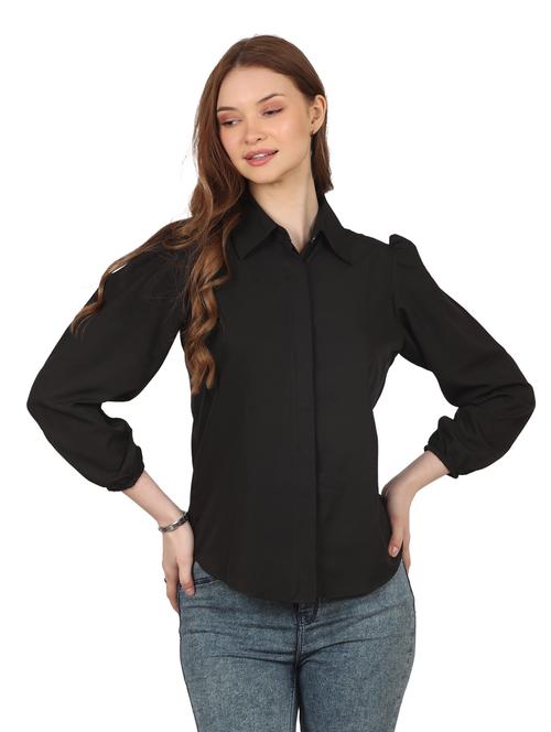 women solid collared puff sleeves shirt - 20727825 -  Standard Image - 0