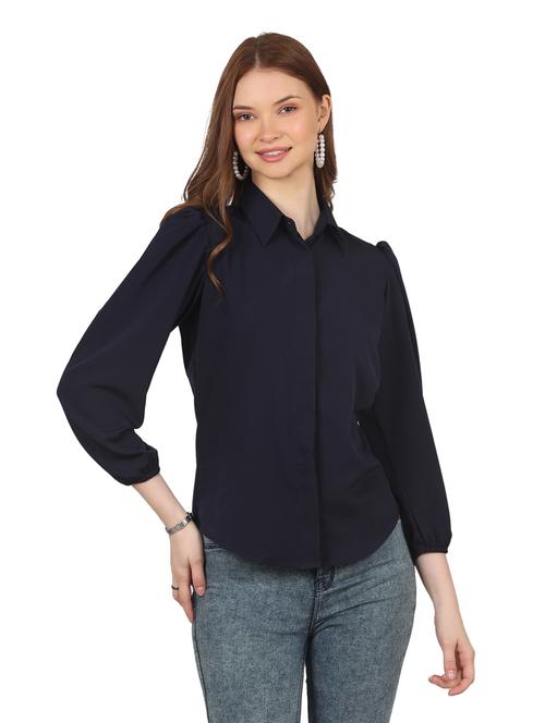 women solid collared puff sleeves shirt - 20727828 - Standard Image - 0