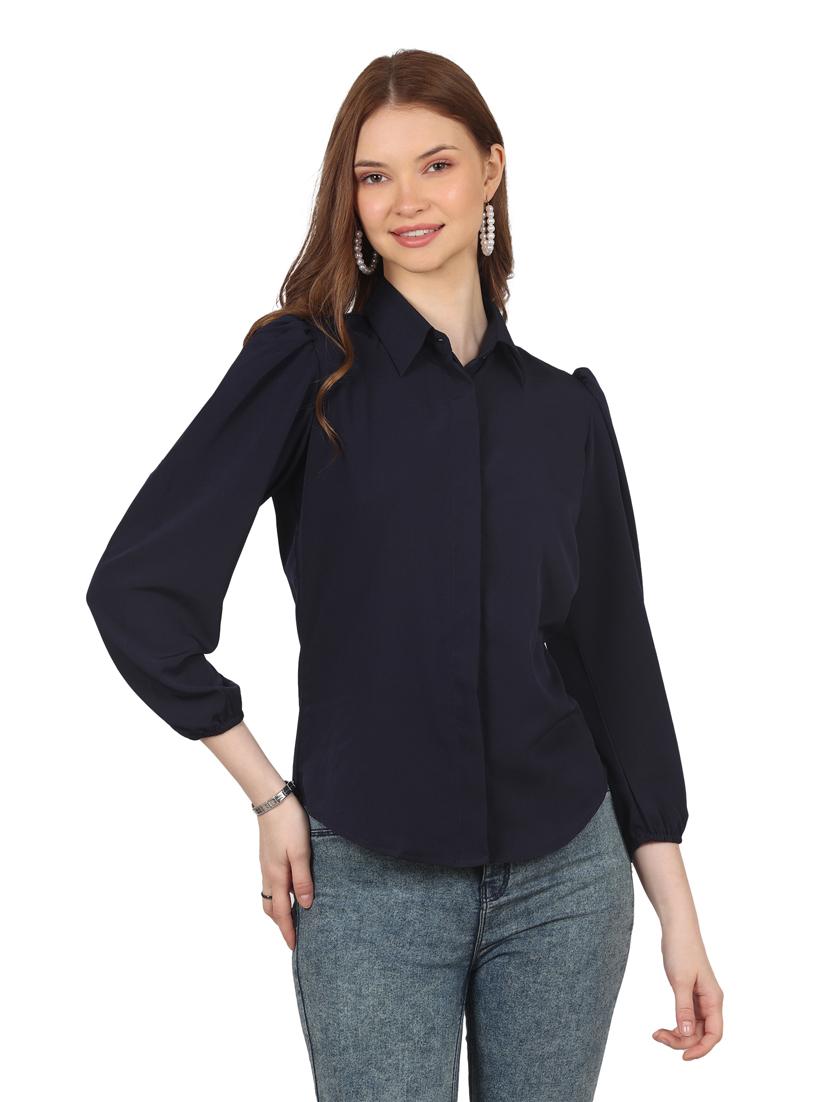 women solid collared puff sleeves shirt - 20727828 - Zoom Image - 0