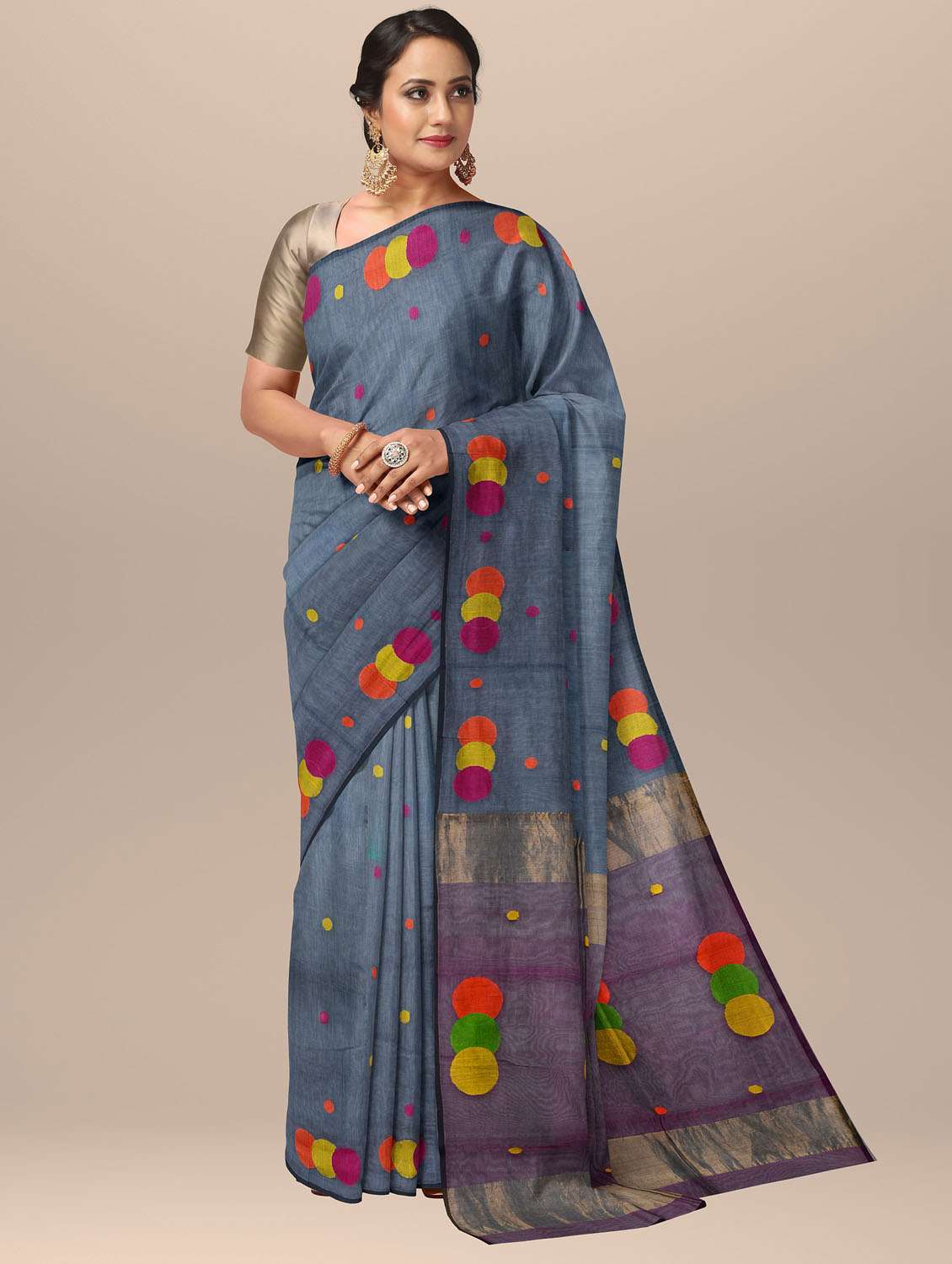 women grey self design handloom saree with blouse