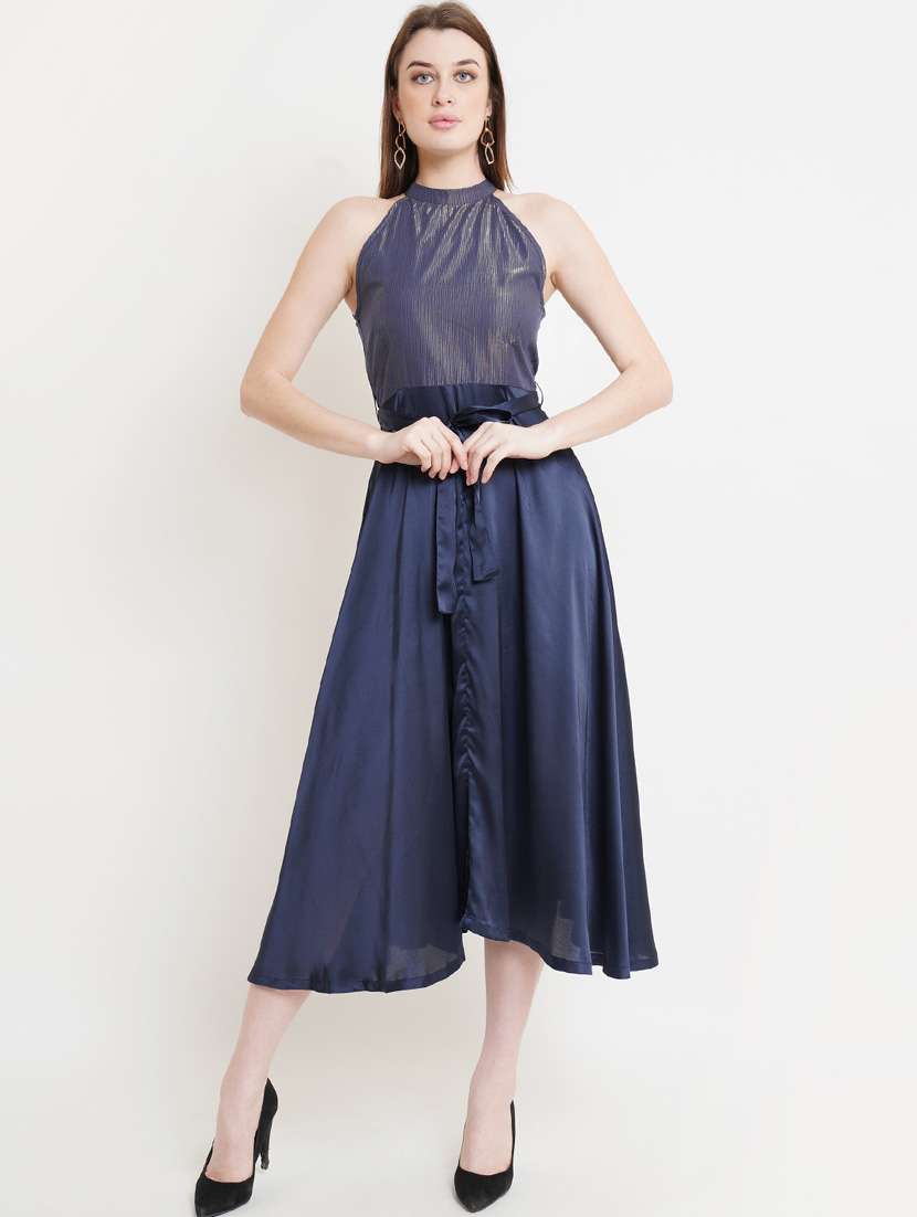 women solid halter neck fit & flared dress