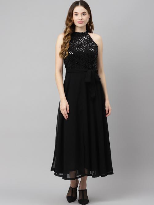 women black solid with work fit & flare dress - 20728549 - Standard Image - 0