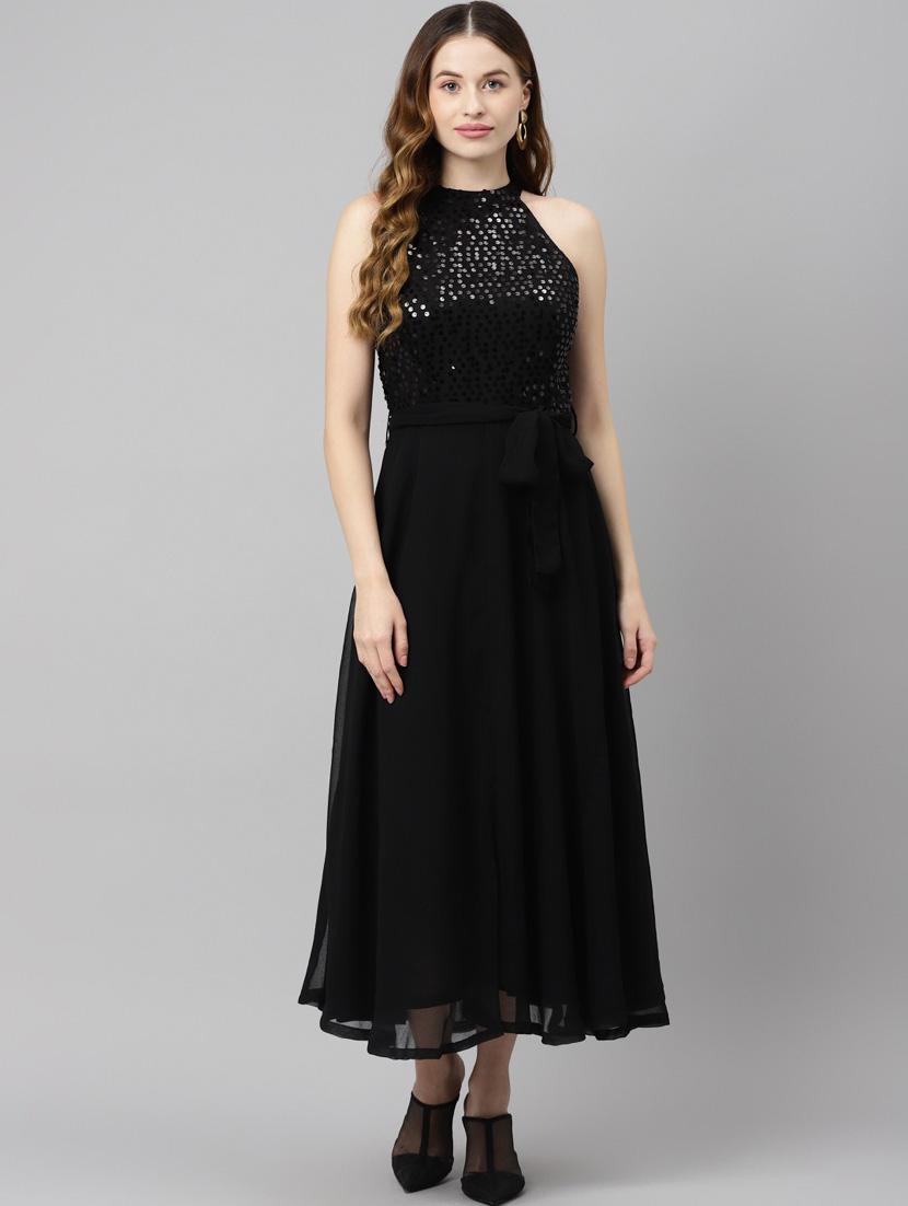 women black solid with work fit & flare dress - 20728549 - Zoom Image - 0
