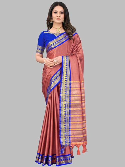 coral solid with bordered saree with blouse - 20728692 - Standard Image - 0
