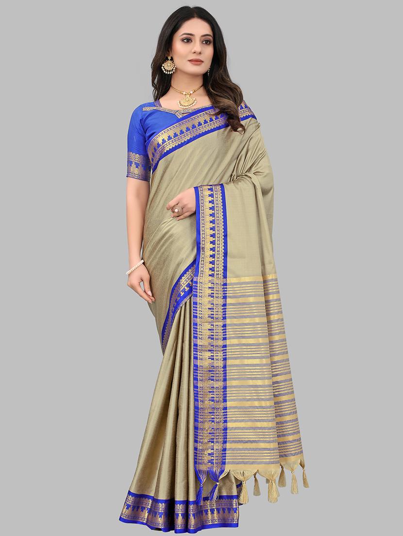olive solid with bordered saree with blouse - 20728693 -  Zoom Image - 0