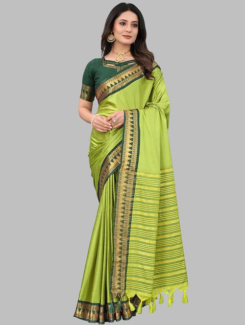 lime solid with bordered saree with blouse - 20728697 - Standard Image - 0