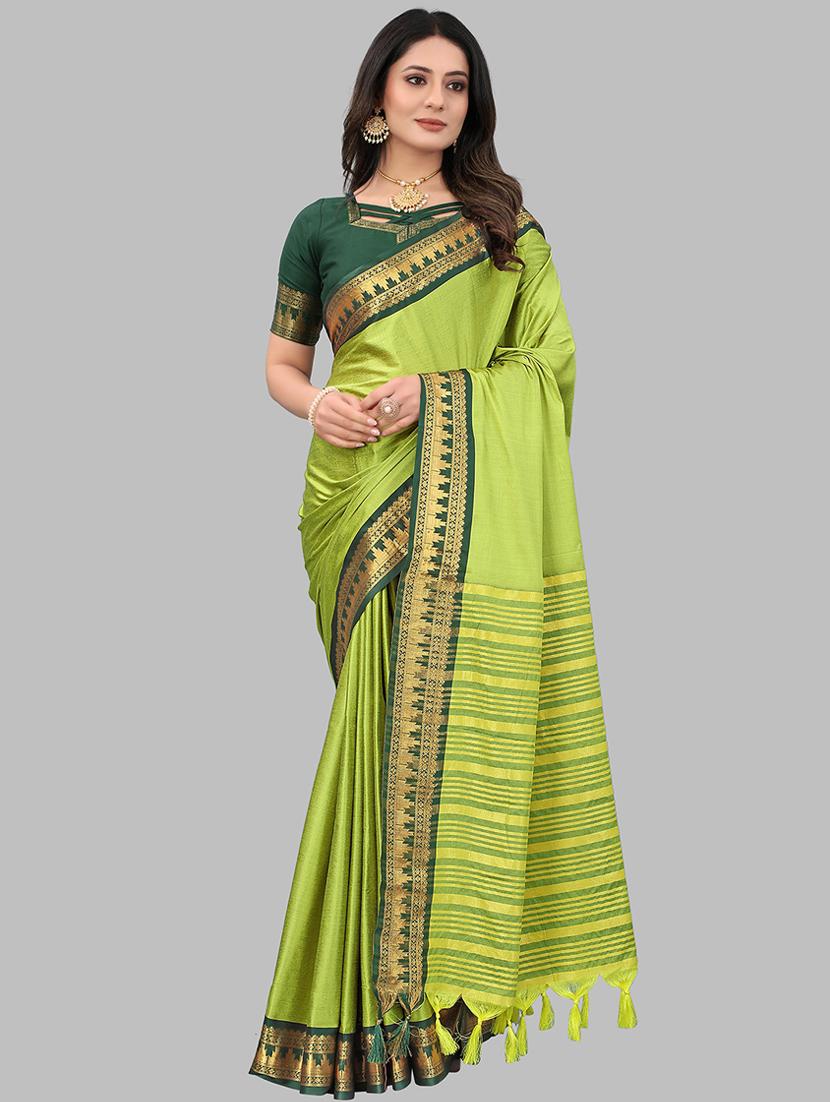 lime solid with bordered saree with blouse - 20728697 - Zoom Image - 0