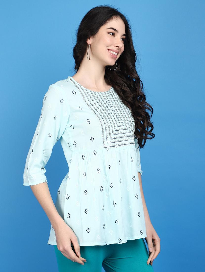 green printed sequins detailed kurti - 20729119 - Standard Image - 2