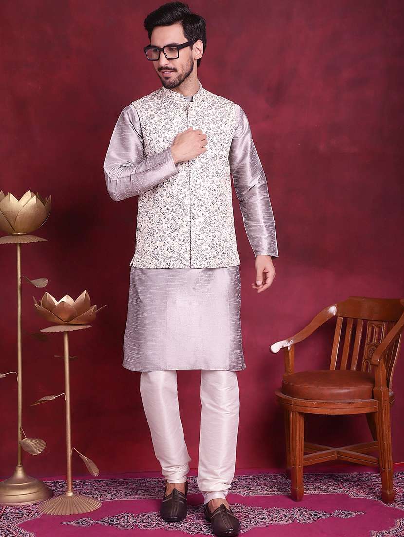 men silk kurta pyjama with jacket ethnic wear set - 20730557 -  Standard Image - 2
