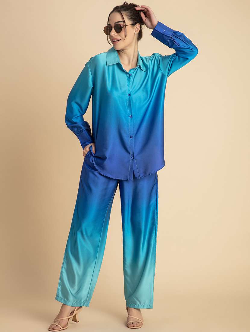 women blue ombre shirt and trouser co-ord set