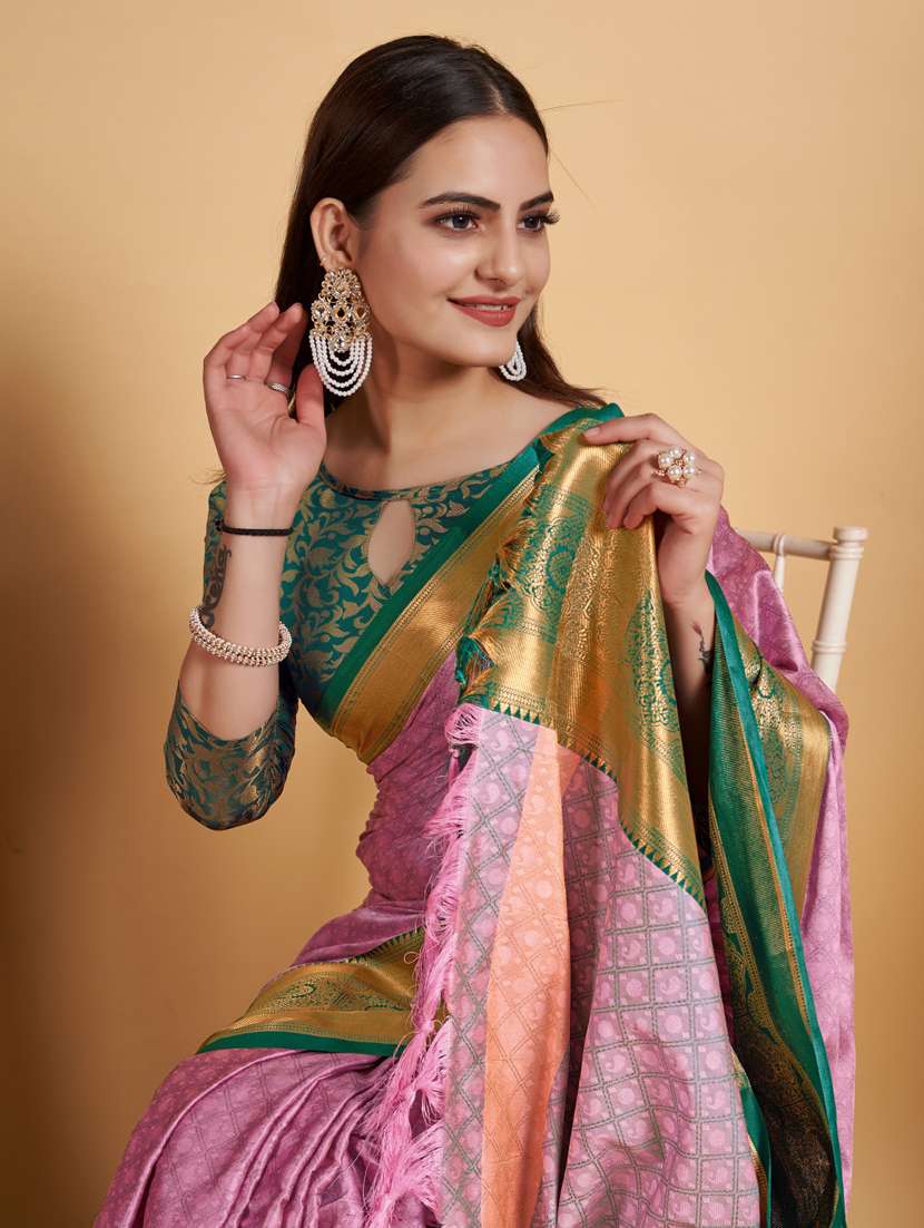 women pink & green dharmavaram saree with blouse - 20732996 - Standard Image - 2