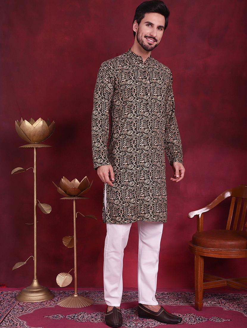 men mandarin neck kurta pyjama ethnic wear set - 20733072 - Standard Image - 2