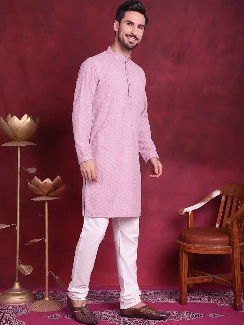 men mandarin neck kurta churidar ethnic wear set