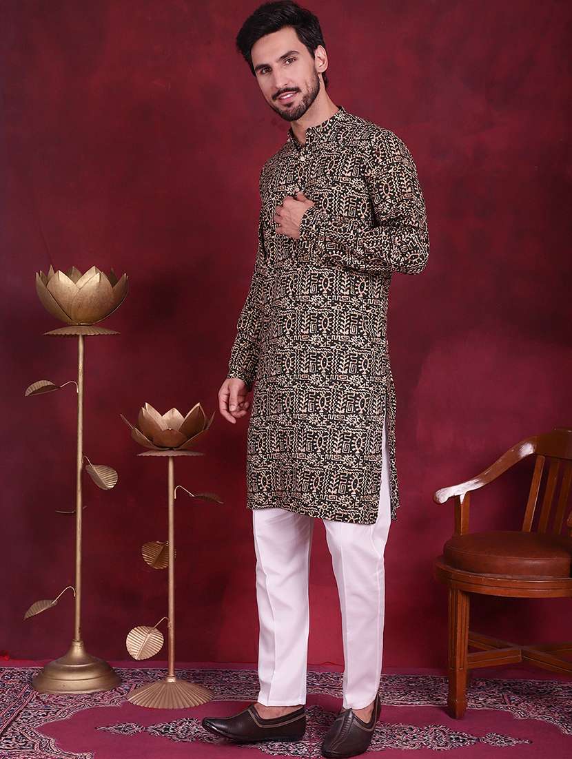 men printed mandarin neck kurta pyjama set - 20733159 -  Standard Image - 2