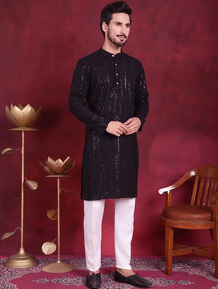 men solid with work mandarin neck kurta pyjama set - 20733163 -  Standard Image - 2