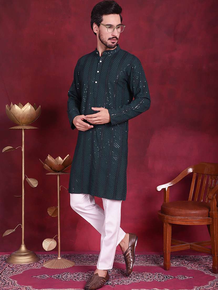 men solid with work mandarin neck kurta pyjama set - 20733165 -  Standard Image - 2