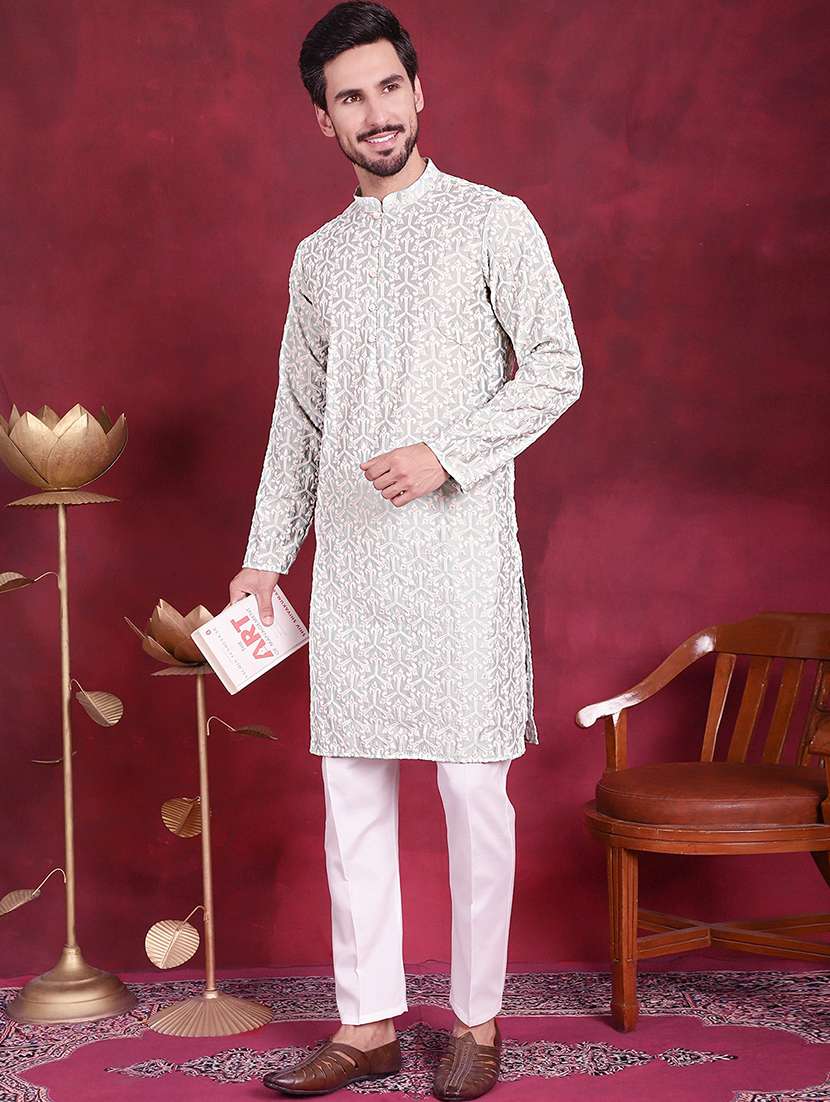 men embroidered mandarin neck long kurta - 20733201 -  Standard Image - 2