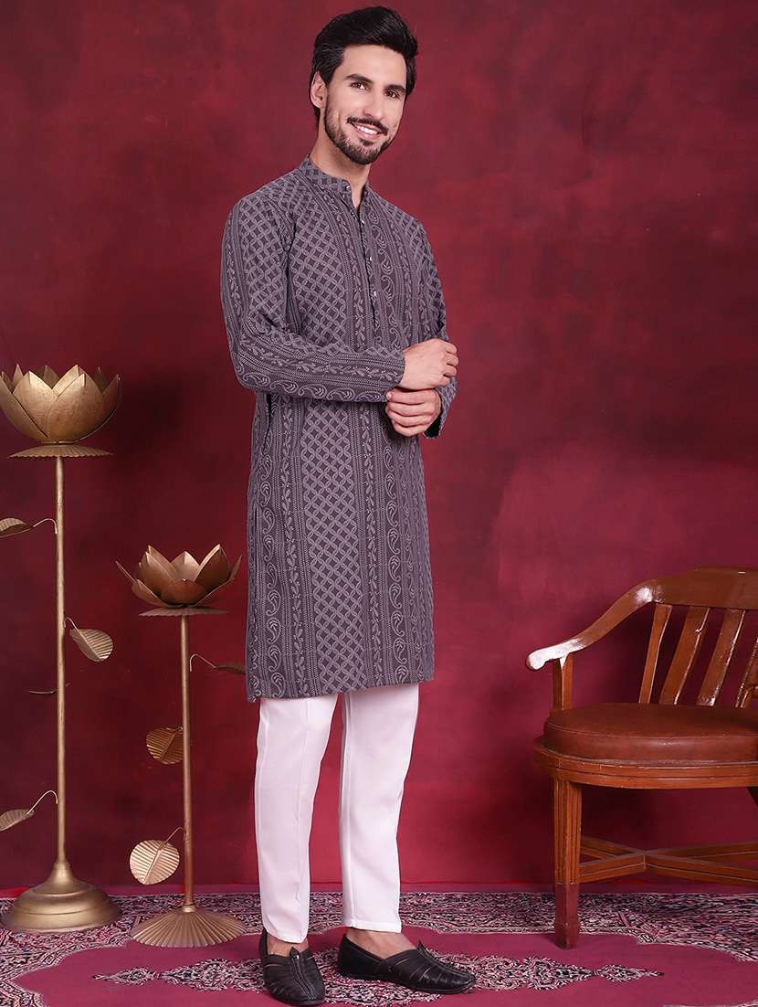 men embroidered mandarin neck long kurta - 20733205 -  Standard Image - 2