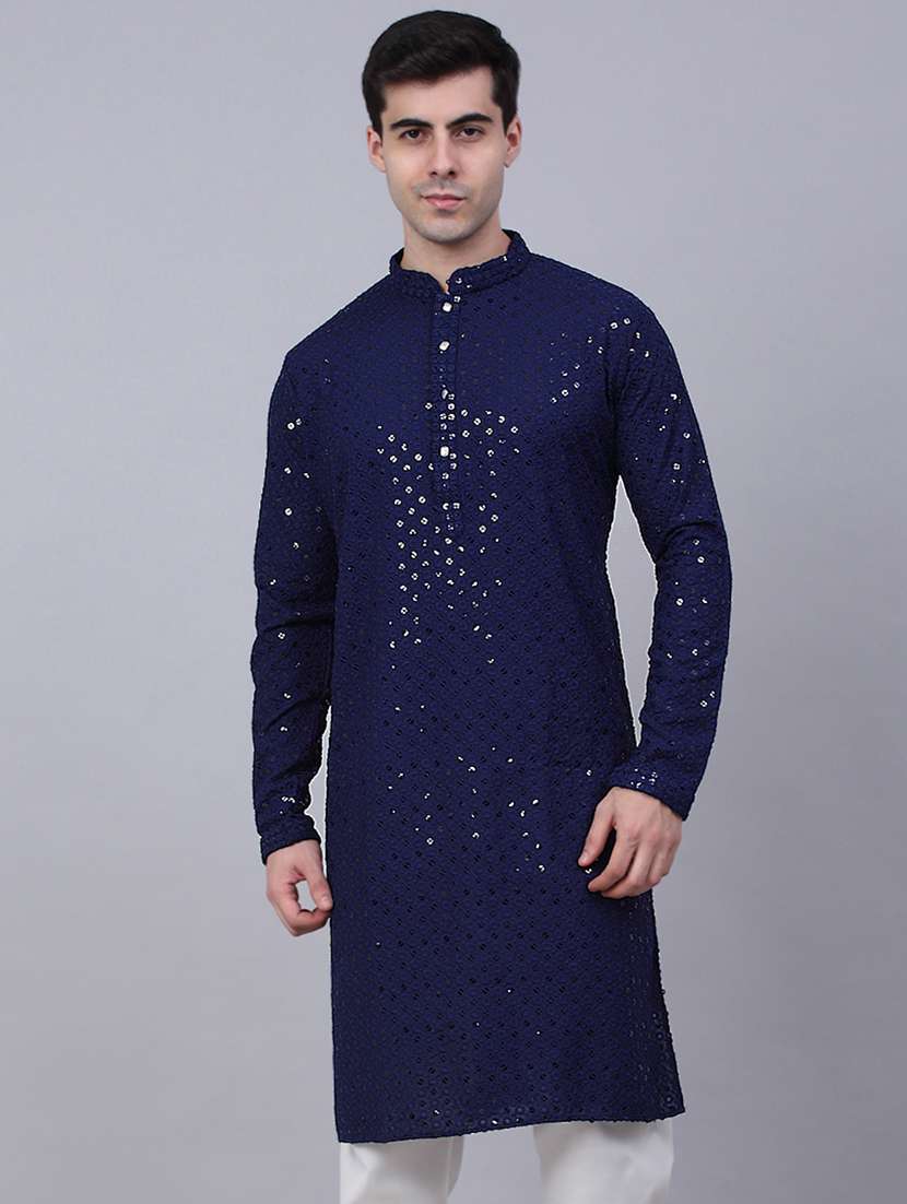 men embroidered mandarin neck long kurta