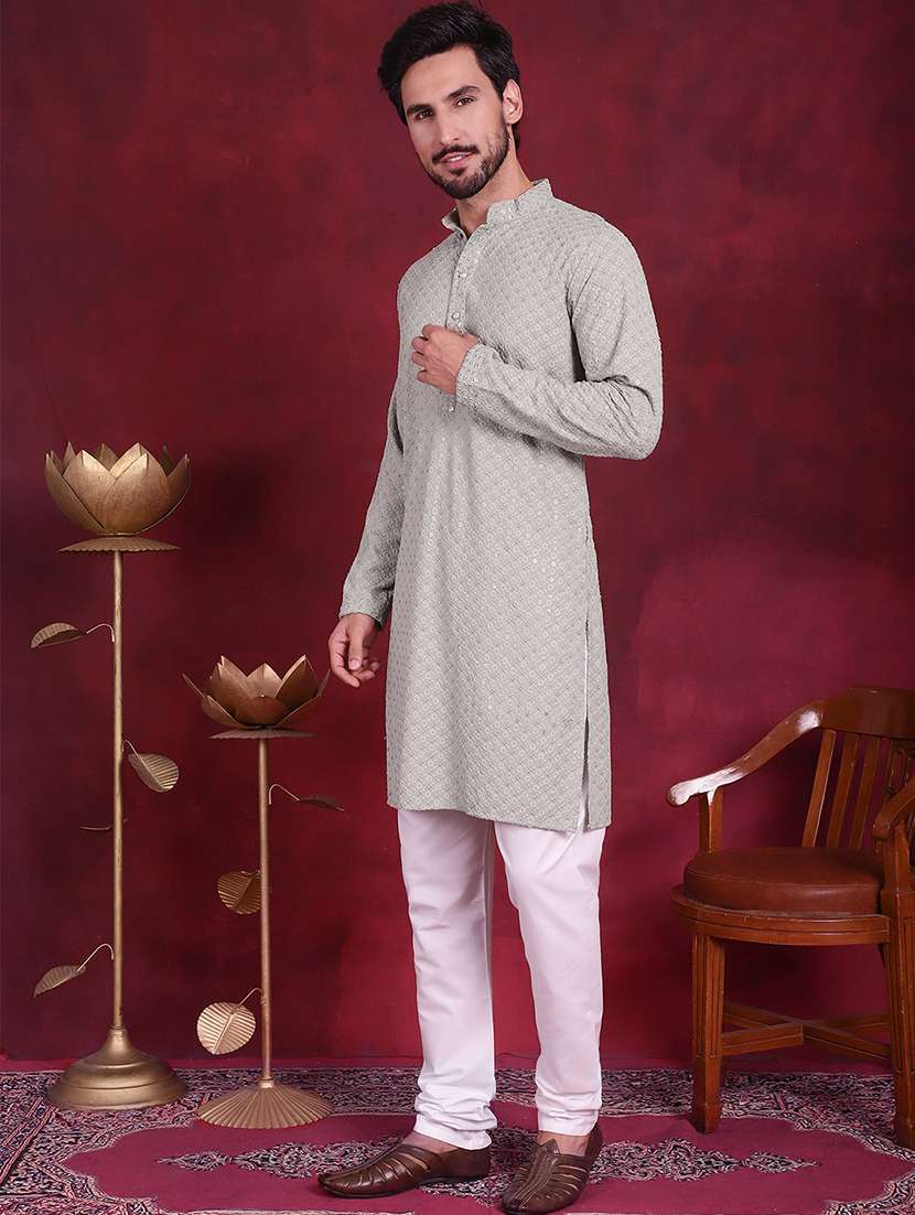 men embroidered mandarin neck long kurta - 20733249 -  Standard Image - 2