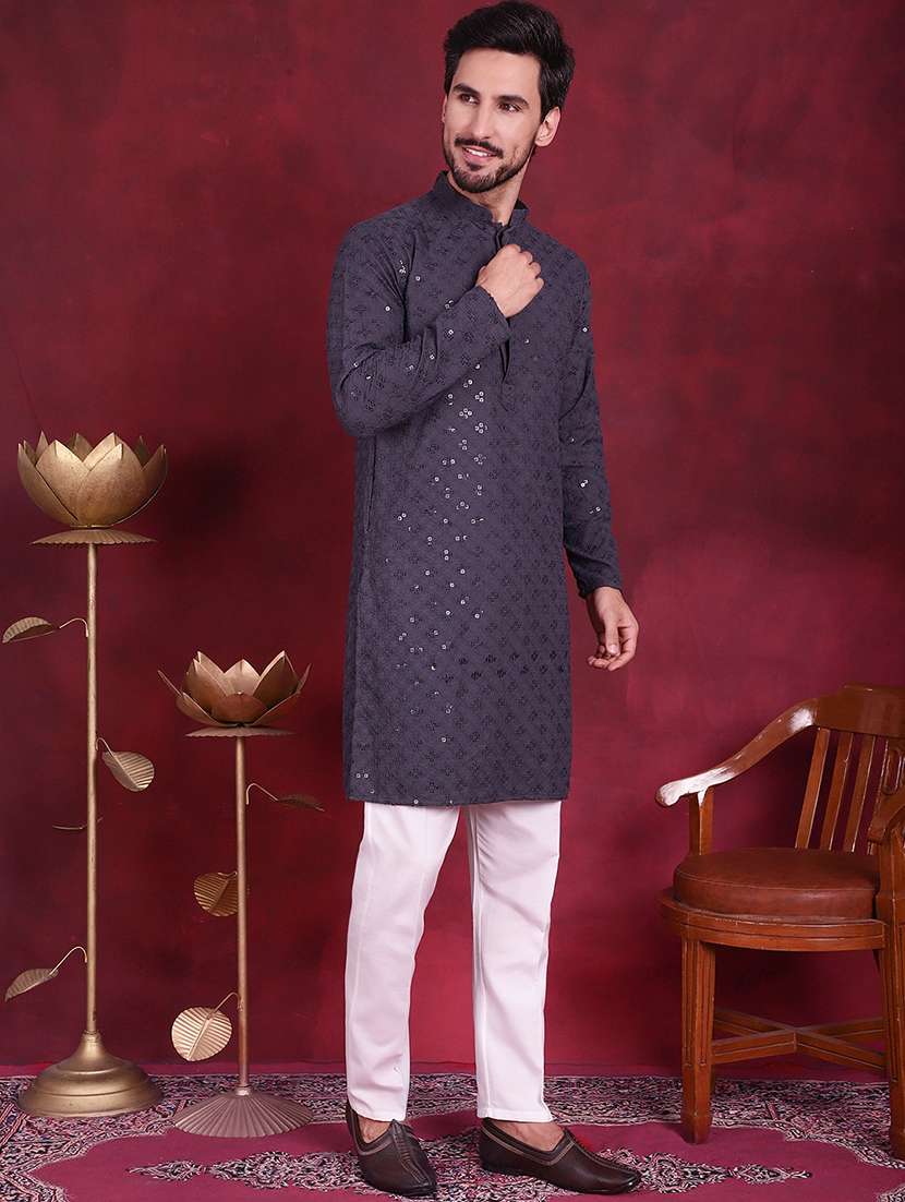 men solid with work mandarin neck long kurta - 20733251 - Standard Image - 2