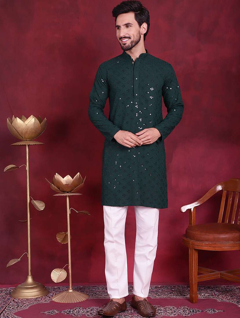 men solid with work mandarin neck long kurta