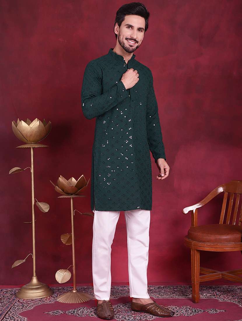 men solid with work mandarin neck long kurta - 20733253 -  Standard Image - 2