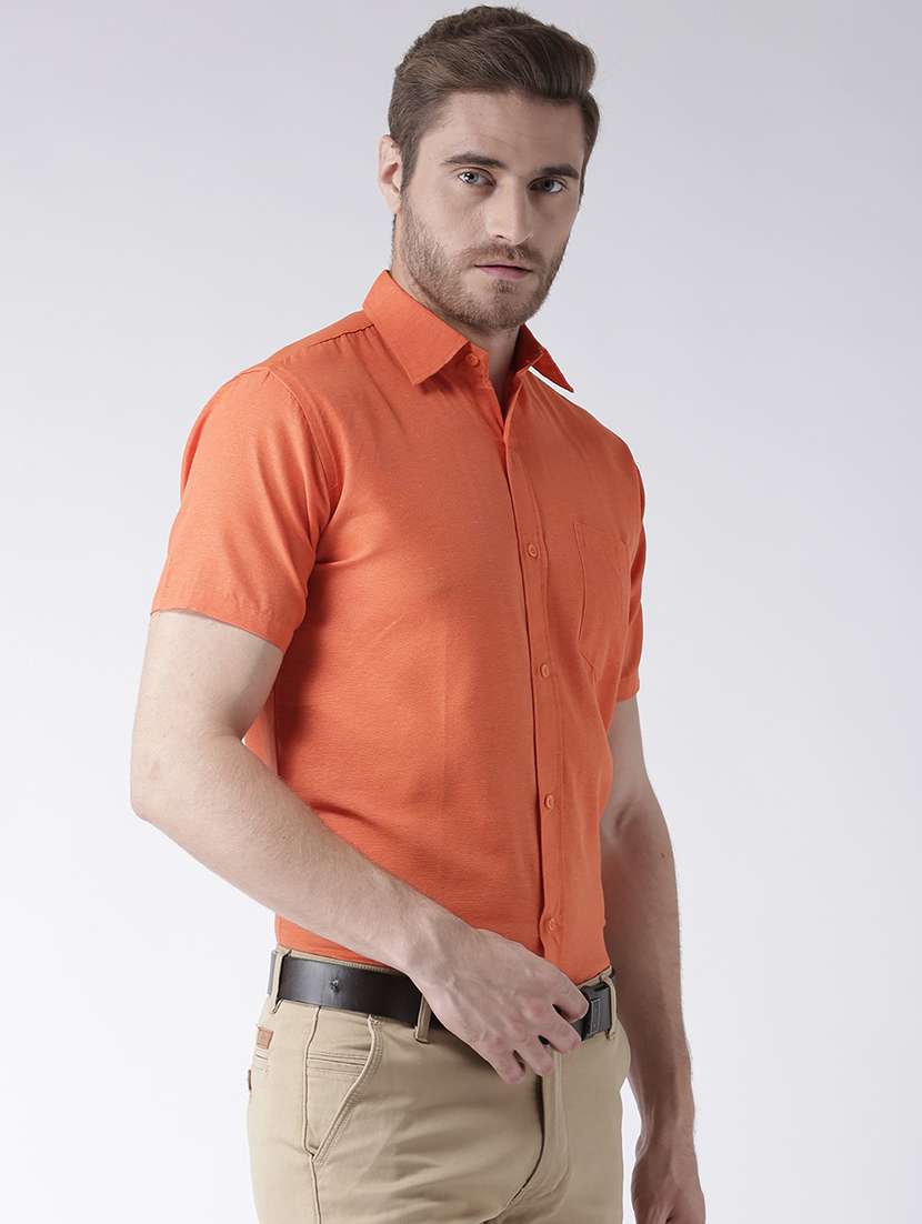 orange cotton blend plain casual shirt - 20754415 - Standard Image - 2