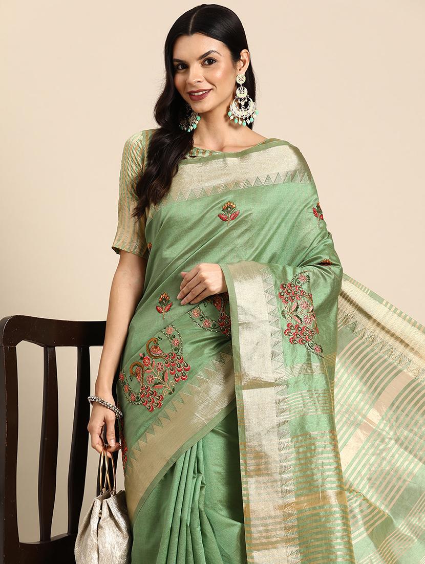 women green embroidered saree with blouse - 20754435 - Standard Image - 2