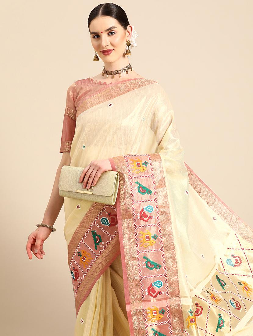 cream solid with work saree - 20754442 - Standard Image - 2