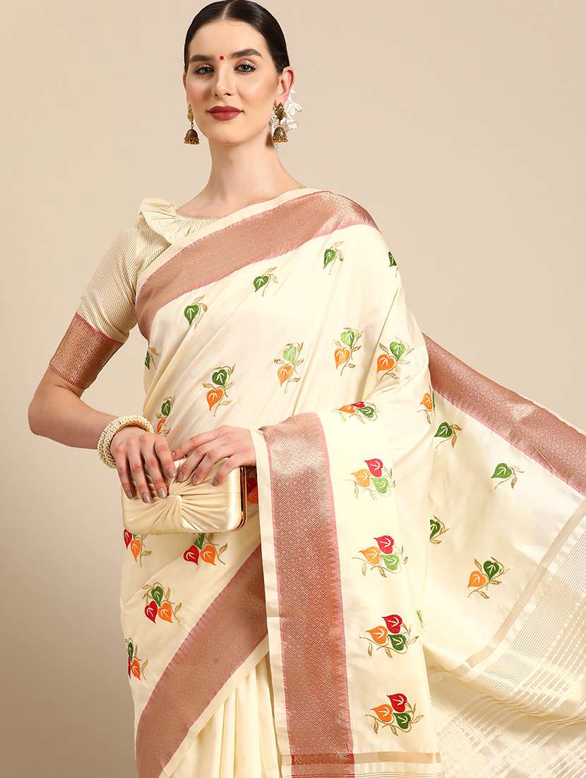 cream solid with work saree with blouse - 20754445 -  Standard Image - 2