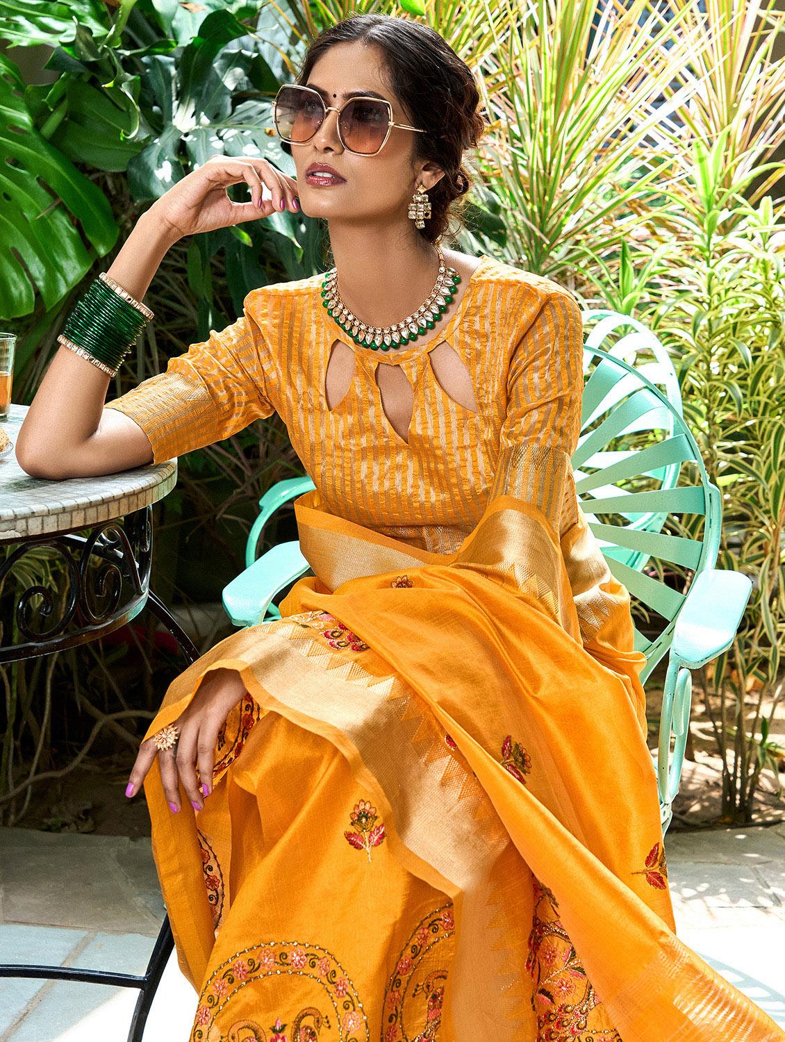 yellow solid with work saree with blouse - 20754465 - Standard Image - 2