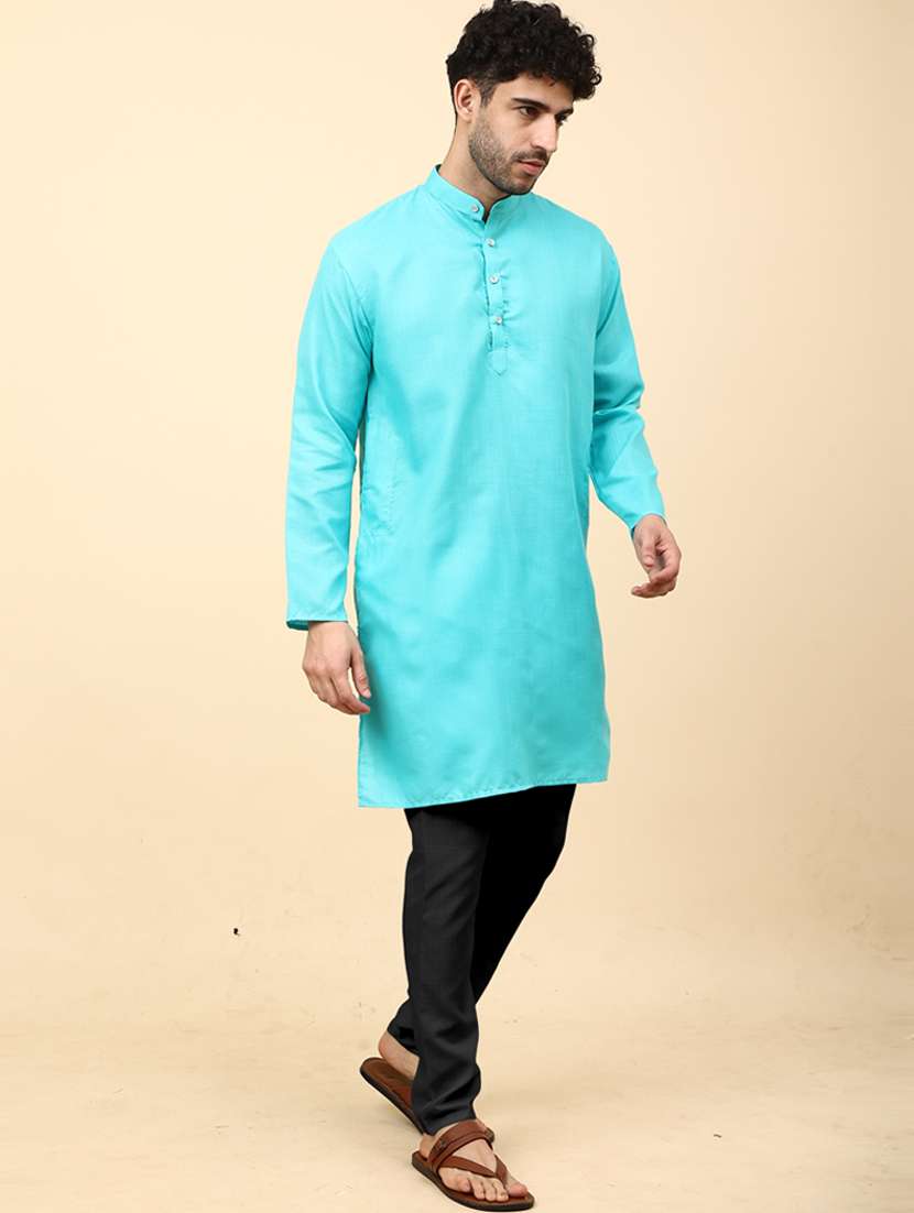 solid green button detailed kurta - 20754596 -  Standard Image - 2