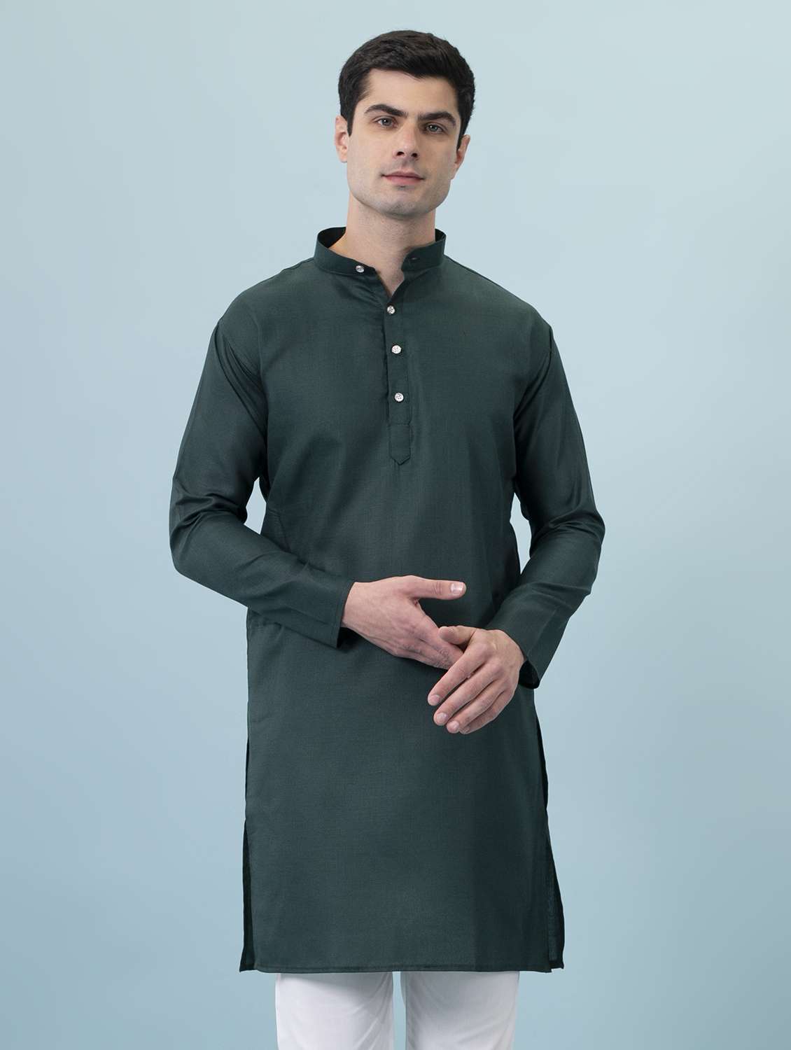 solid green button detailed long kurta - 20754597 - Zoom Image - 0