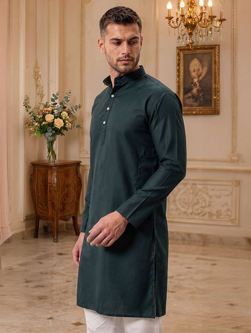 solid green button detailed long kurta - 20754597 -  Standard Image - 2