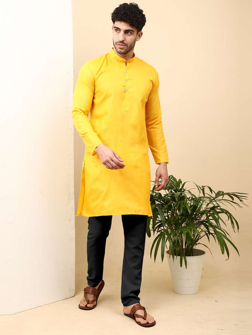 men yellow solid long kurta