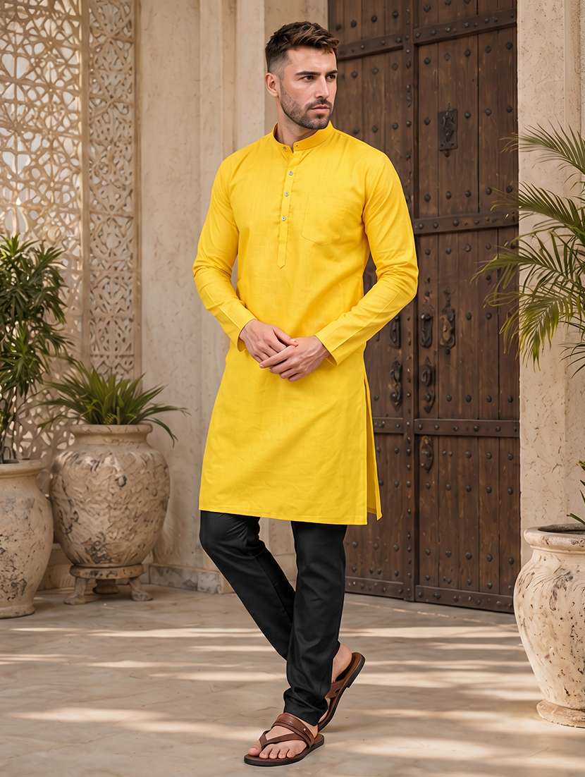 men yellow solid long kurta