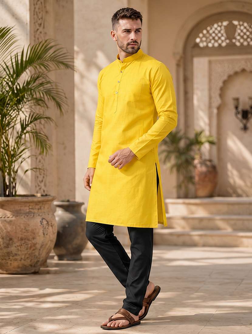 men yellow solid long kurta - 20754600 -  Standard Image - 2