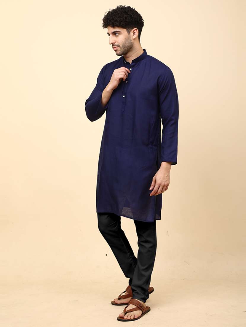 solid navy blue button detailed long kurta - 20754601 -  Standard Image - 2