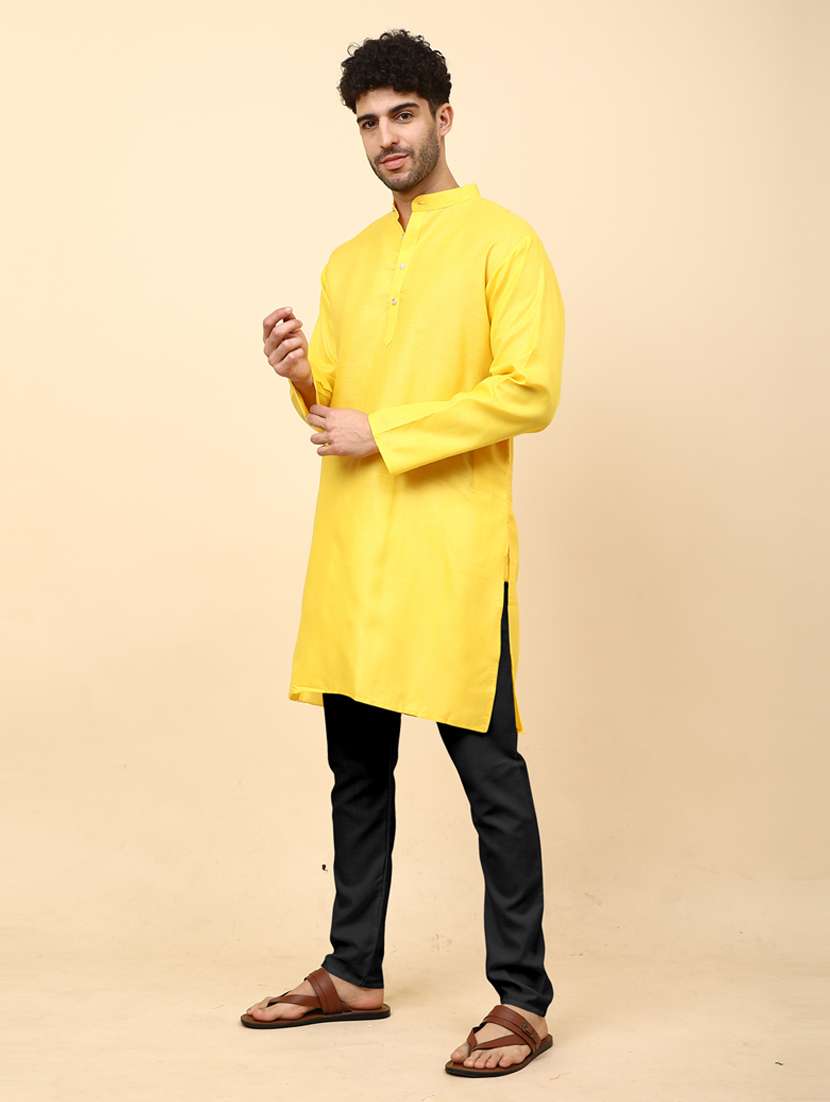 men yellow solid long kurta - 20754607 -  Standard Image - 2